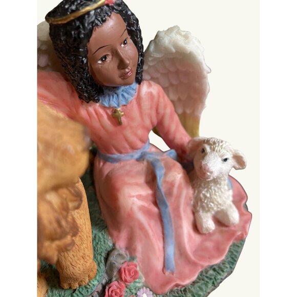 Angel with Lamb and Lion Religious Figurine with Wood Base - Picture 3 of 9